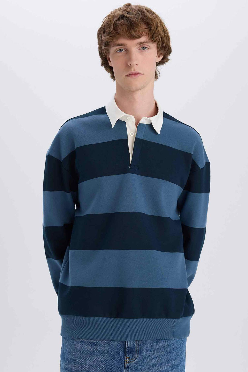 Boxy Fit Polo Yaka Cizgili Sweatshirt - Defacto фото 3
