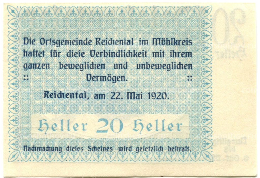 Банкнота 20 геллеров 1920 года Австрия  Рейхенталь (нотгельд)