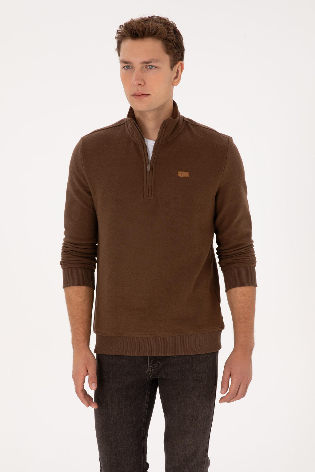 Erkek Regular Fit Yar_m Fermuarl_ Kahverengi Basic Sweatshirt - U.s. polo assn фото 3