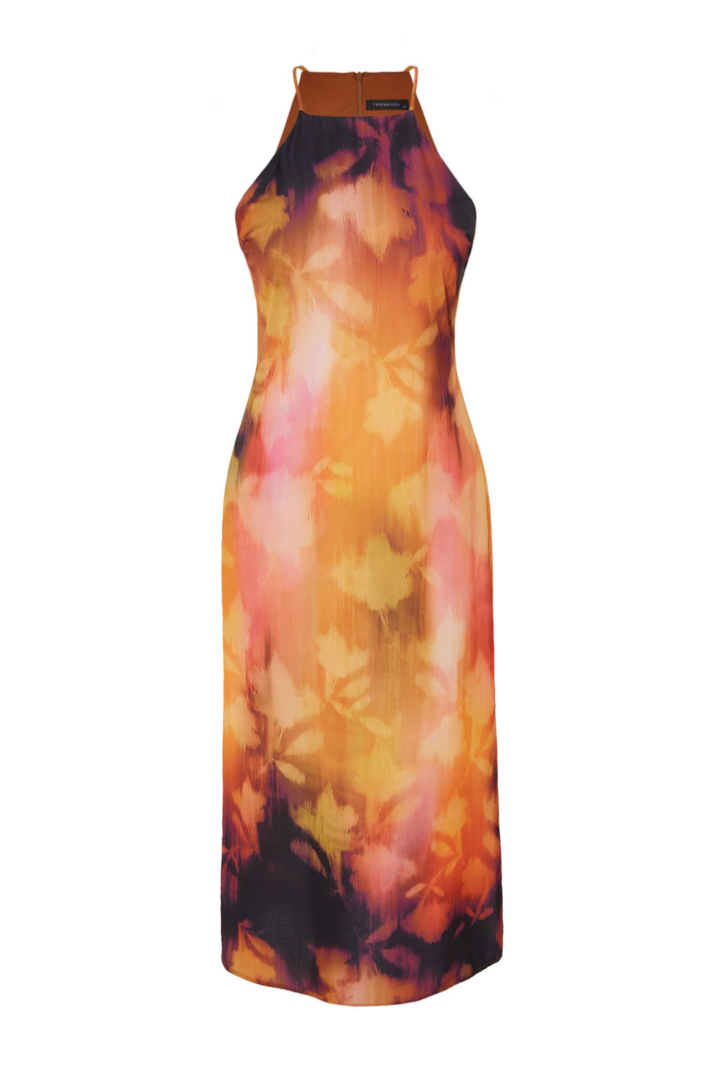 TRENDYOLMILLA Turuncu Cicek Desenli Duz Kesim Halter Yaka Midi Saten Astarl? Dokuma Elbise TWOSS23EL02417 фото 6