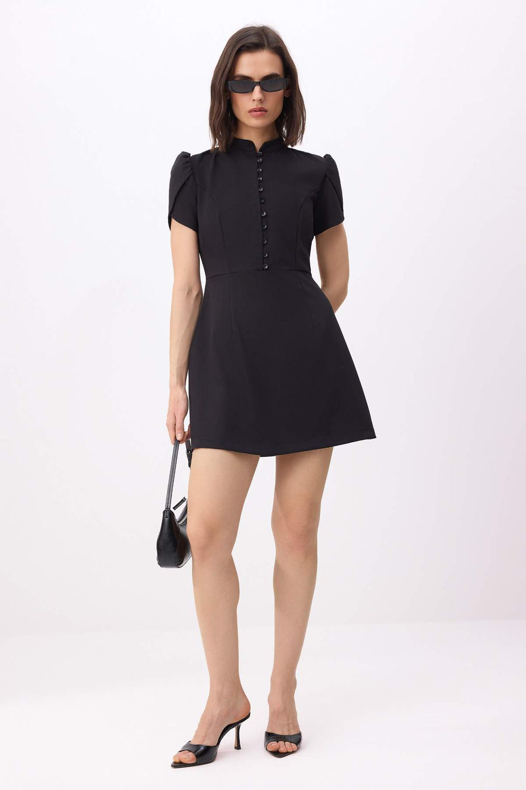 Siyah Balon Kollu Dugmeli Mini Dokuma Elbise TWOSS26EL00624 - Trendyolmilla фото 2