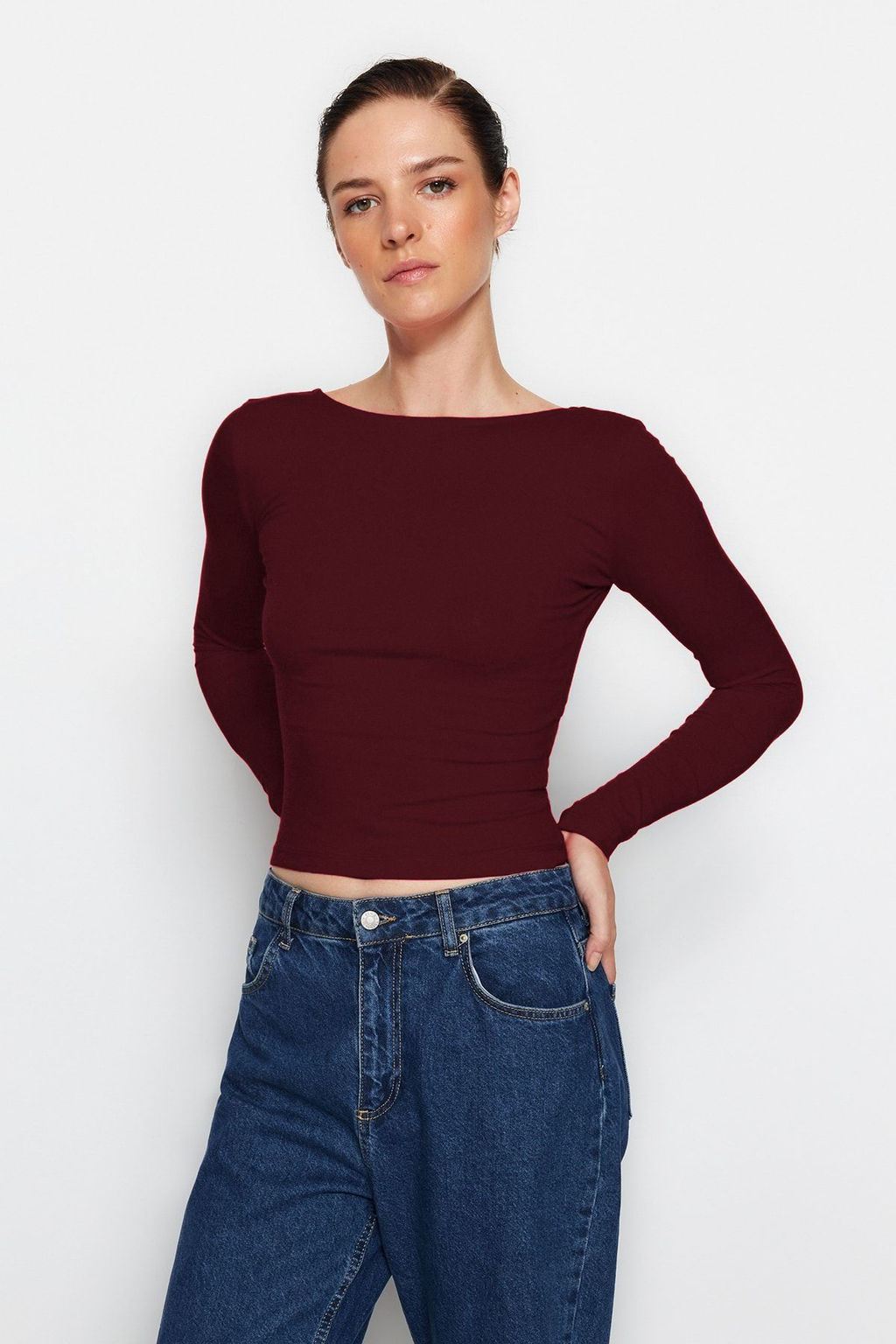 Koyu Bordo Pamuklu S?rt Dekolteli Fitted/Vucuda Oturan Esnek Orme Bluz TWOAW24BZ00160
