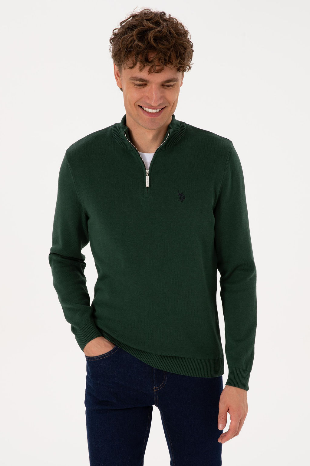 Erkek Slim Fit Yar_m Fermuarl_ Koyu Ye_il Basic Kazak - U.s. polo assn фото 3