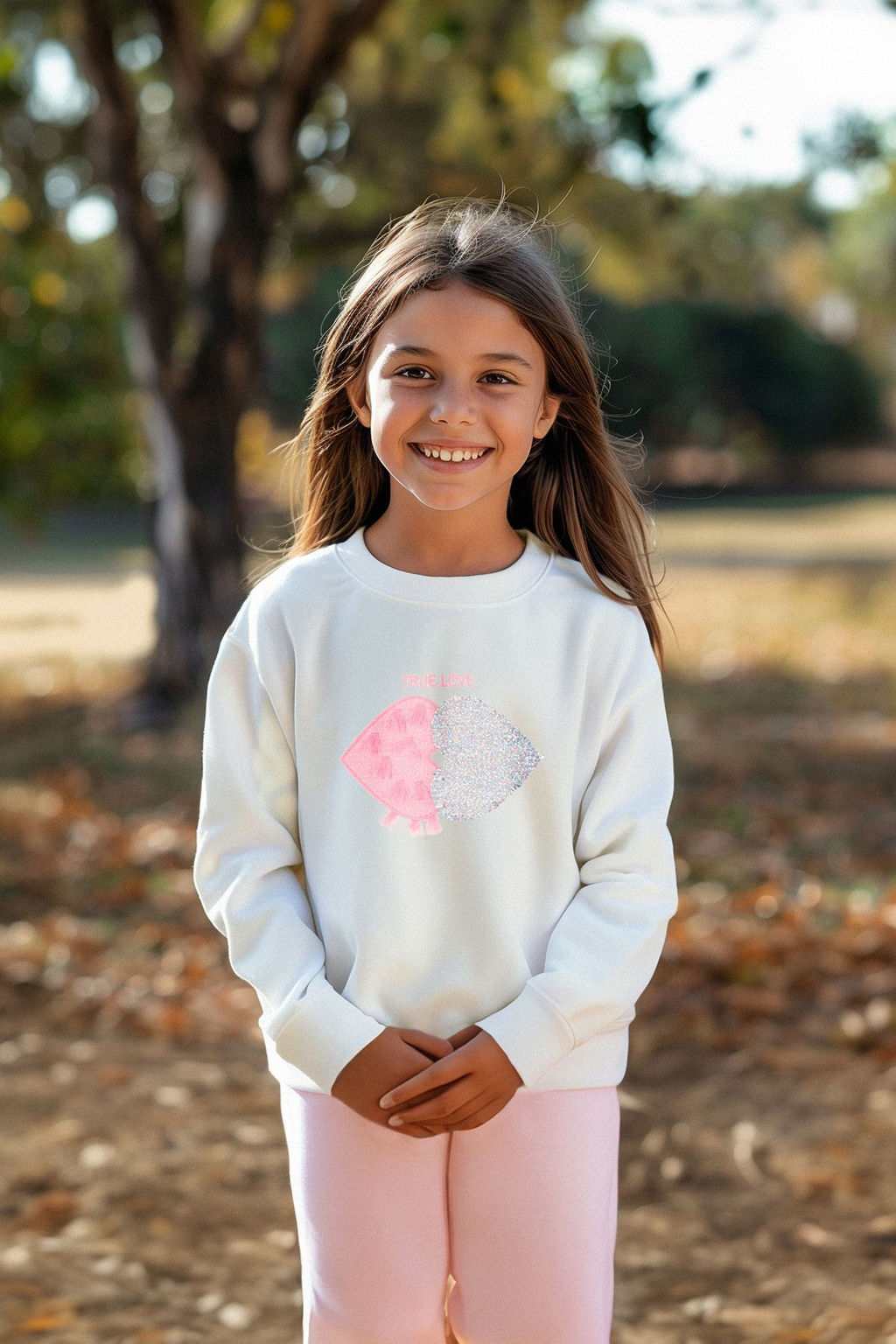 Ekru*004 K?z Cocuk Mevsimlik-Ince Kalp Desenli Orme Sweatshirt TKDAW25SW00001