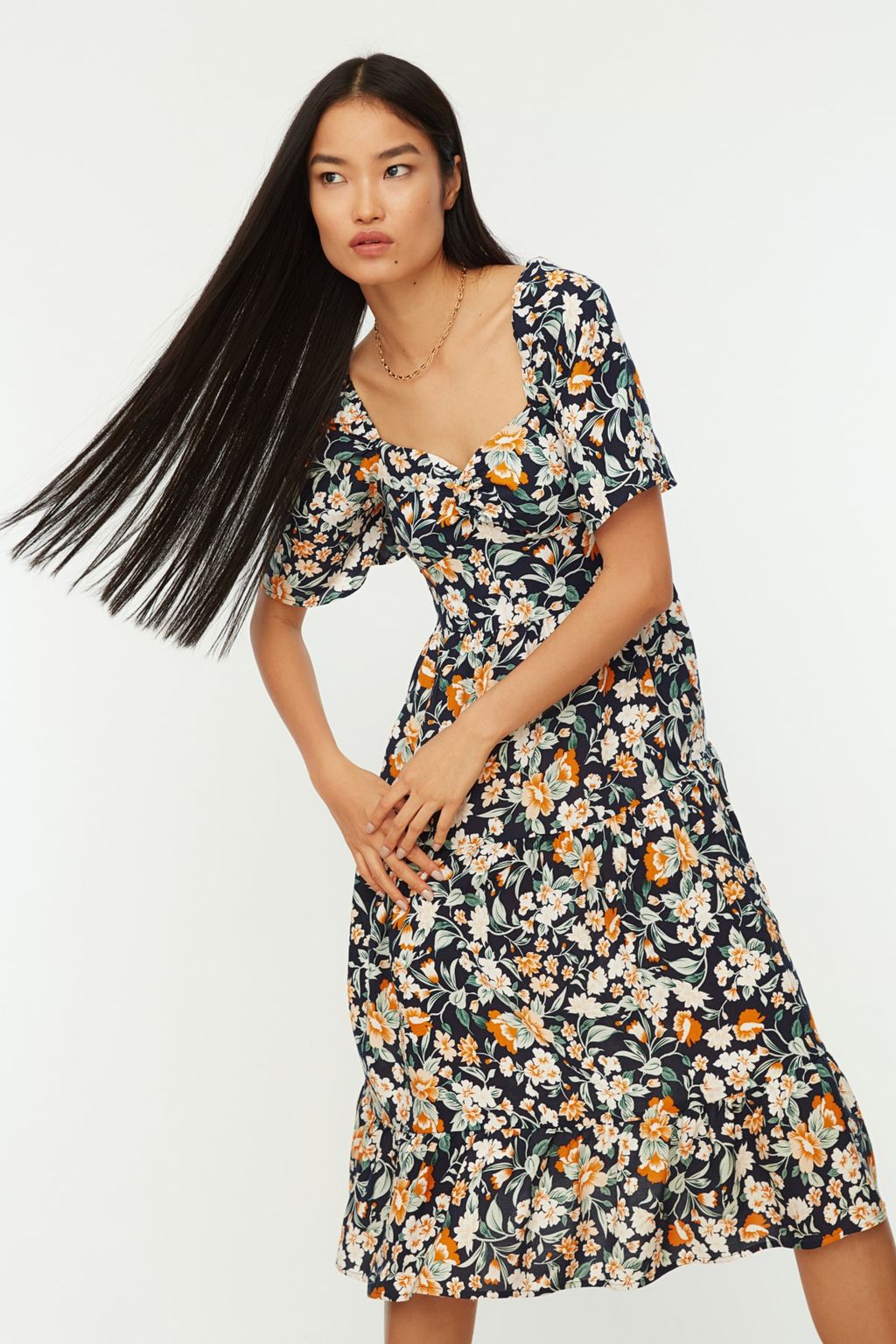 TRENDYOLMILLA Mor A Kesim Balon Kollu Cicek Desenli Midi Dokuma Elbise TWOSS20EL2323  фото 11