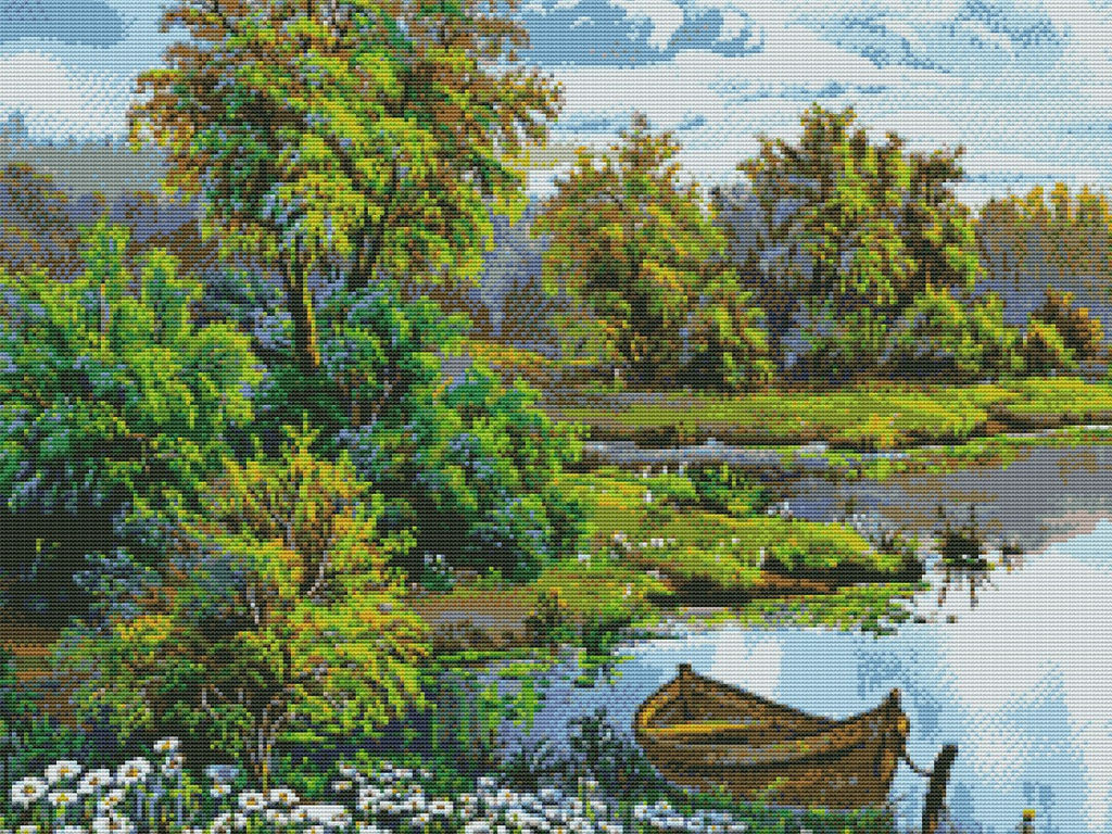 Вышивка крестиком 40х50см, Лодка у реки