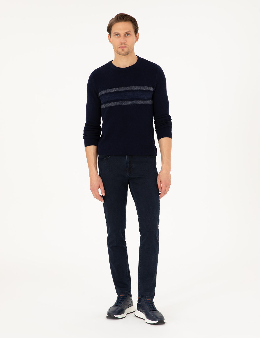 Lacivert Slim Fit Bisiklet Yaka Triko Kazak