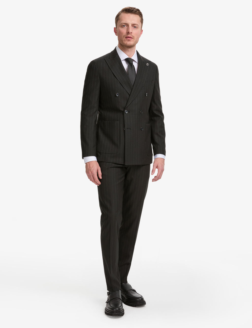 Siyah Extra Slim Fit _izgili Kruvaze Tak_m Elbise