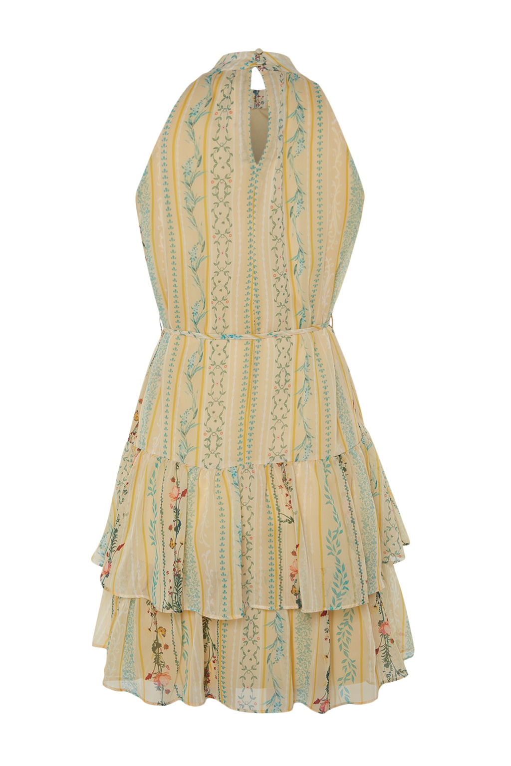 Sar? Cicek Desenli A-Kesim Boho Kat Kat Astarl? Sifon Ucus Ucus Dokuma Mini Elbise TWOSS23EL02056