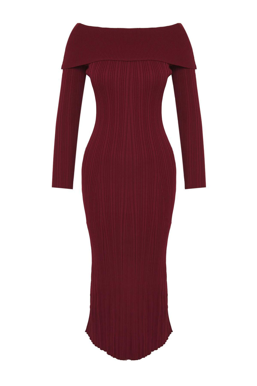 Bordo Duz Midi Midi Triko Basic Carmen Yaka Triko Elbise TWOAW25EL00033