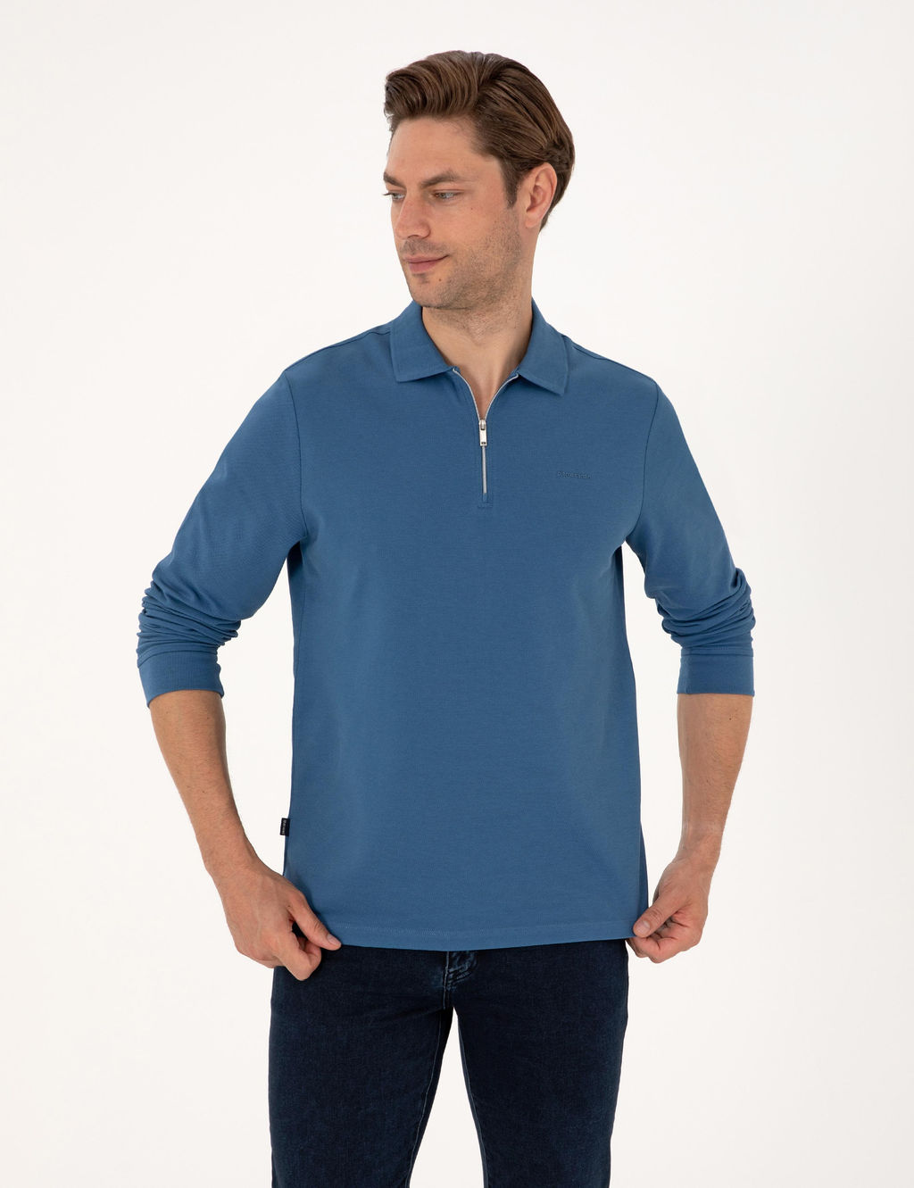 A__k Lacivert Slim Fit K_vr_lmaz Fermuarl_ Polo Yaka Basic Pike Sweatshirt