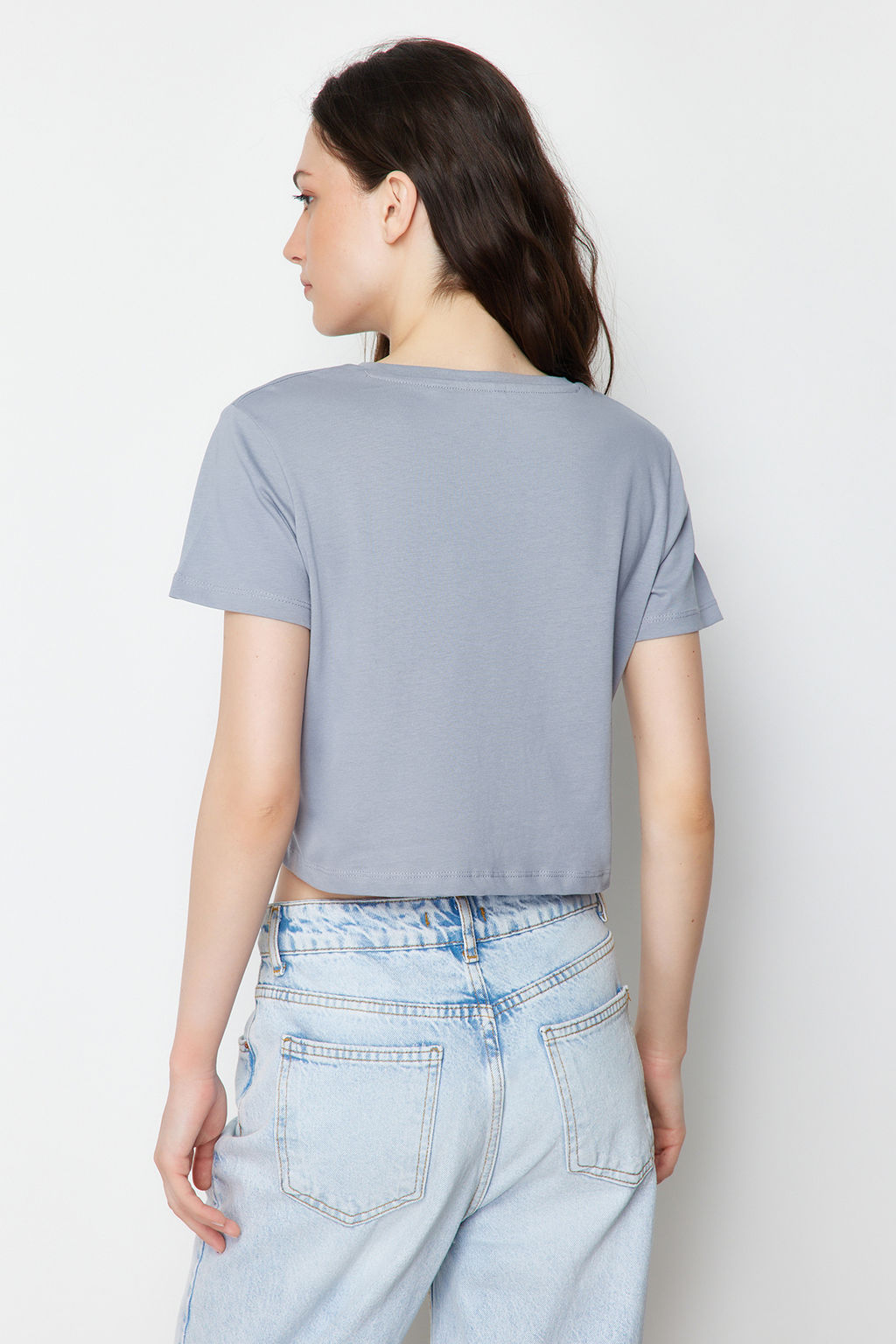 Beyaz-Gri 2li Paket %100 Pamuk Crop Bisiklet Yaka Orme T-Shirt TWOSS20TS1480