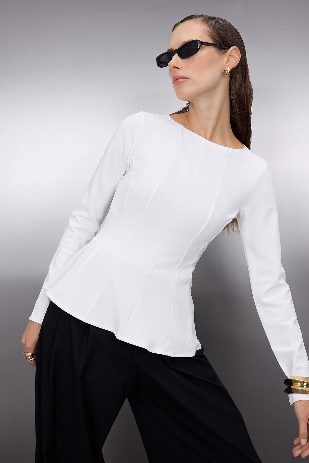 Ekru Kay?k Yaka Peplum/Belden Oturmal? Regular Boy Orme Bluz TWOAW26BZ00166