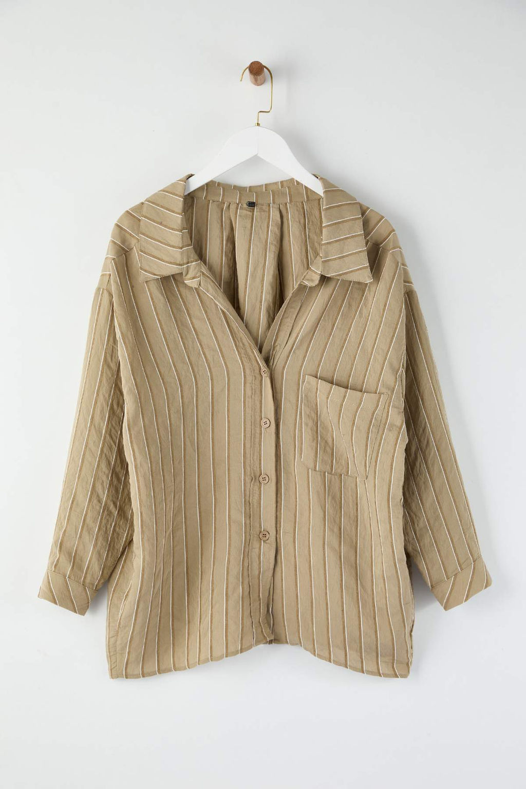 Yesil Cizgili Oversize/Genis Kal?p Dokulu Gomlek TWOAW26GO00083