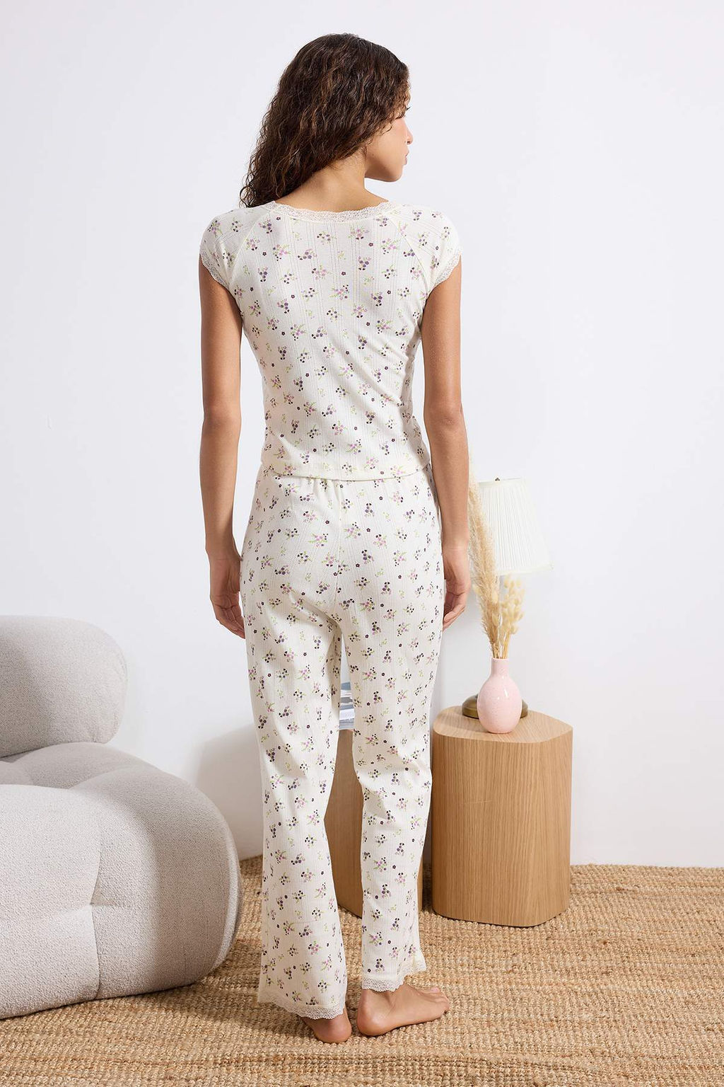 Ekru Cicekli Dantel Detayl? Fitilli/Pointel Orme Pijama Tak?m? THMSS26PT00024 - Trendyolmilla фото 4