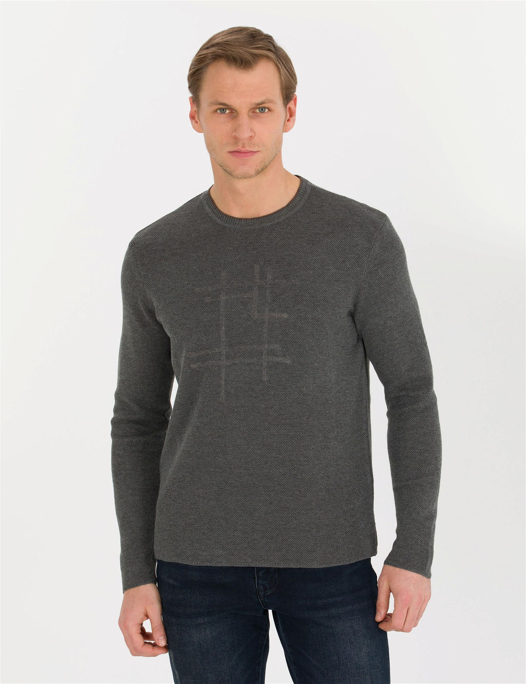 Gri Melanj Slim Fit Bisiklet Yaka Triko Kazak