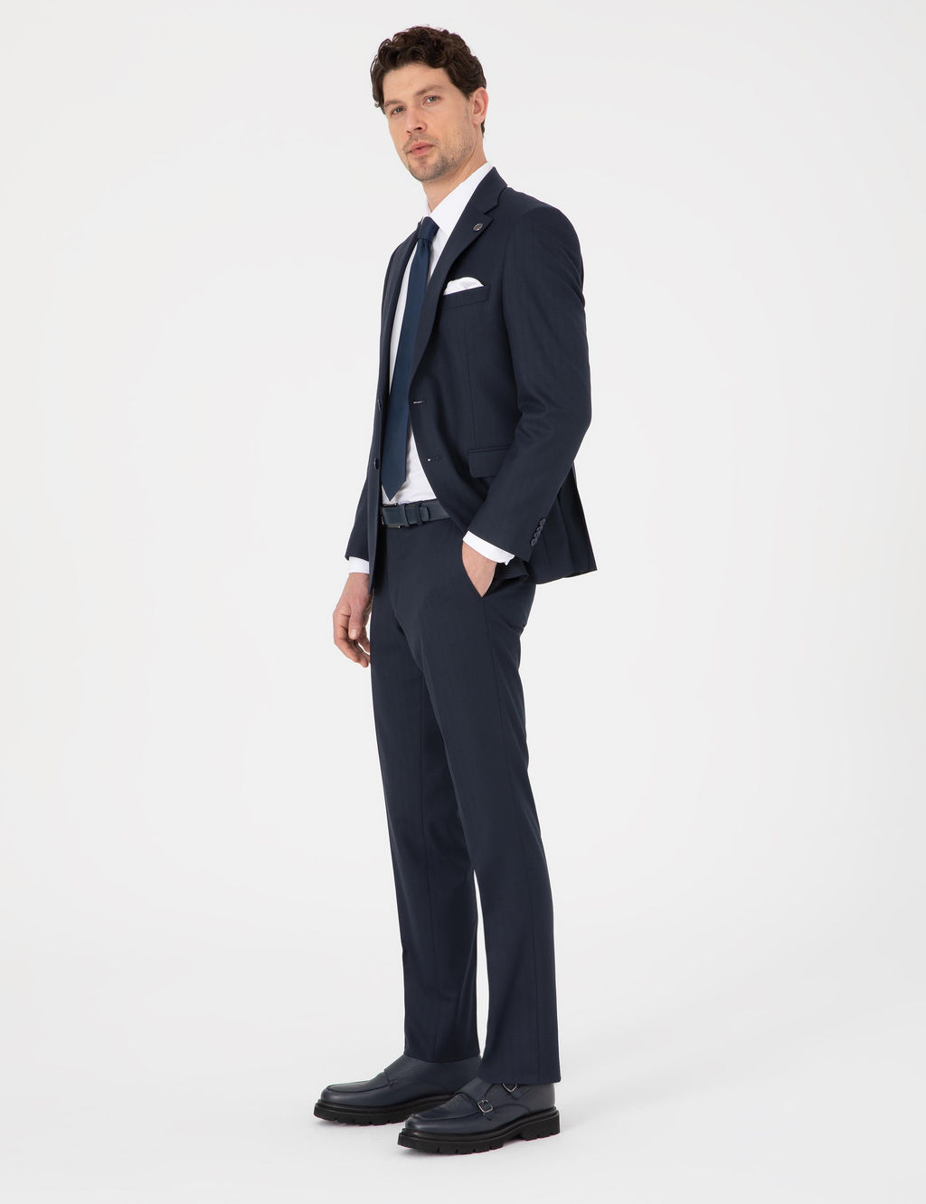 Lacivert Slim Fit _izgili Tak_m Elbise