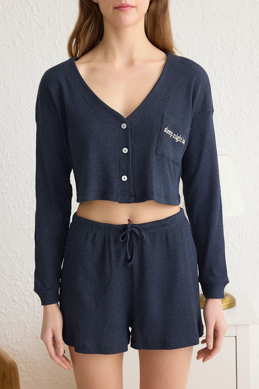 Trendyolmilla Bej Slogan Nak?sl? Fitilli Sortlu Orme Pijama Tak?m? THMAW22PT0229