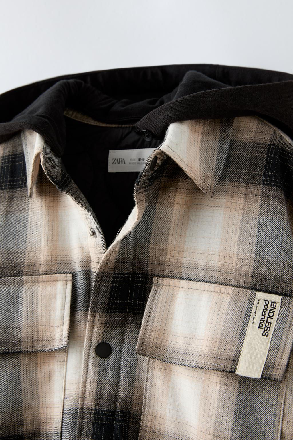 QUILTED CHECK OVERSHIRT WITH HOOD - Zara фото 4