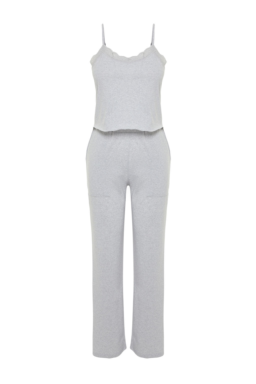 Trendyolmilla Gri Melanj Dantelli, F?rf?r ve Y?rtmac Detayl? Ip Ask?l? Orme Pijama Tak?m? THMSS24PT00005