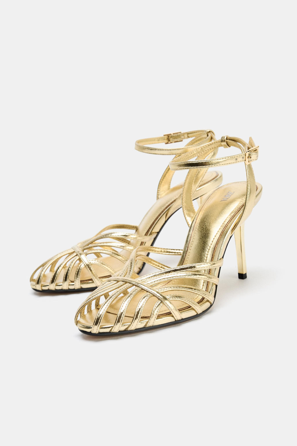 METALLIC HIGH-HEEL CAGE SANDALS