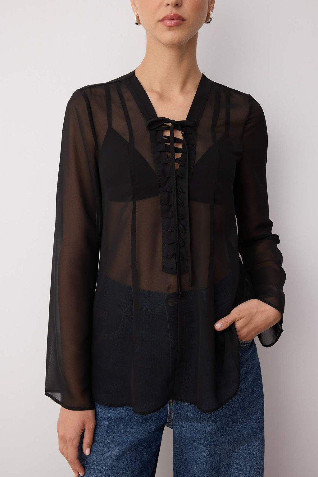 Siyah Sifon Transparan Baglama Detayl? Dokuma Bluz TWOAW26BZ00118 - Trendyolmilla фото 3
