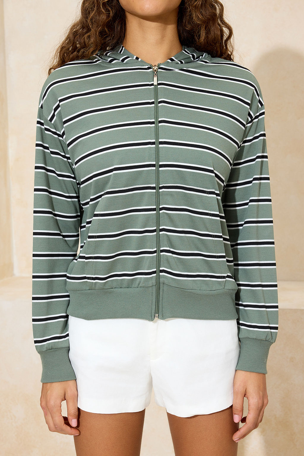 Yesil Cizgili Regular/Normal Kal?p Kapusonlu Fermuarl? Ince Orme Sweatshirt TWOSS26SW00003 - Trendyolmilla фото 5