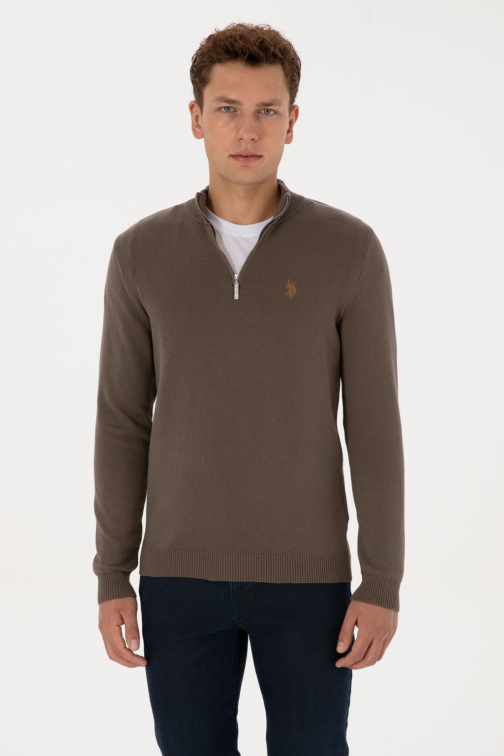 Erkek Slim Fit Yar_m Fermuarl_ Vizon Basic Kazak