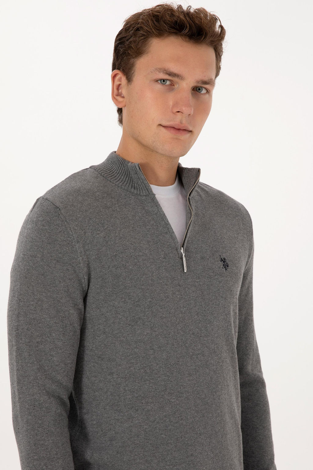 Erkek Slim Fit Yar_m Fermuarl_ Gri Melanj Basic Kazak - U.s. polo assn фото 2