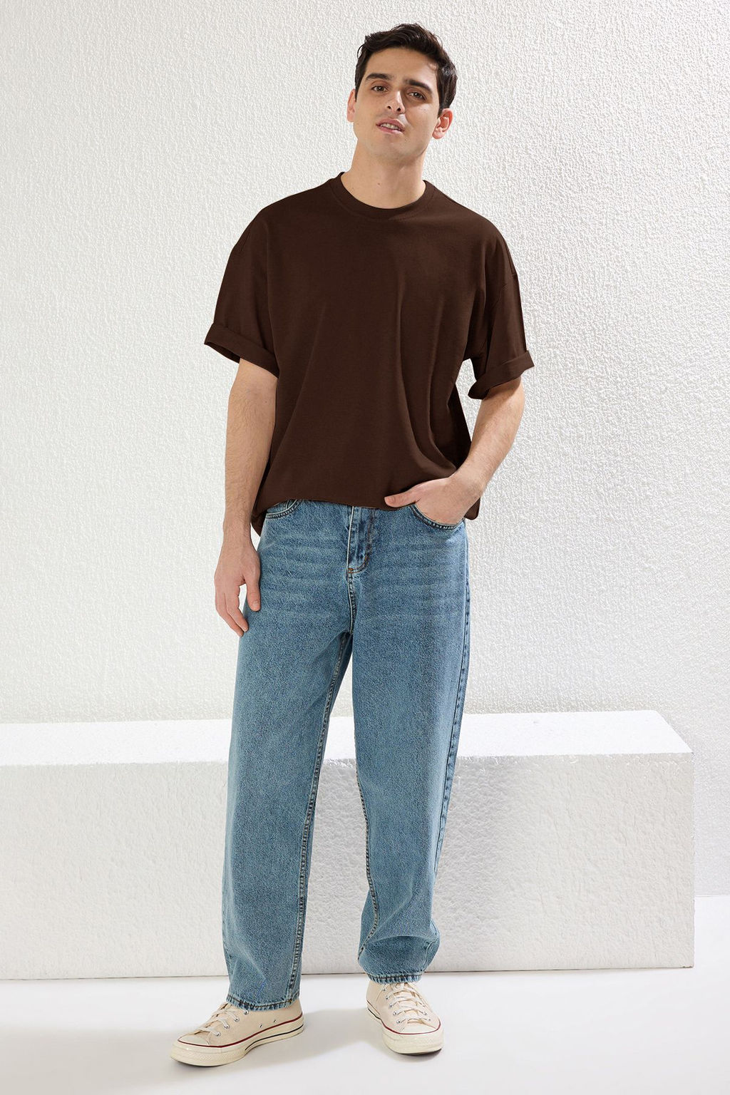 TRENDYOL MAN Kahverengi Oversize/Genis Kesim Dokulu Basic %100 Pamuklu Tok Kumas T-shirt TMNSS25TS00058 - Trendyolmilla фото 14