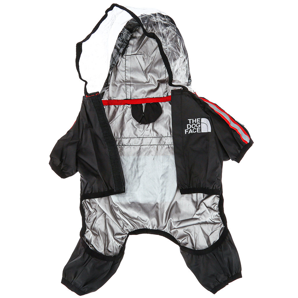 Пэт тойс (Pet toys) Одежда для собаки Комбинезон The dog face прозрачный ПВХ капюшон, с принтом, на липучке, светоотражающие полоски, р-р M, длина спинки 29см/обхват груди 48см/обхват шеи 34см, цвет-черный, плащевка (Китай) - Домашняя мода фото 3