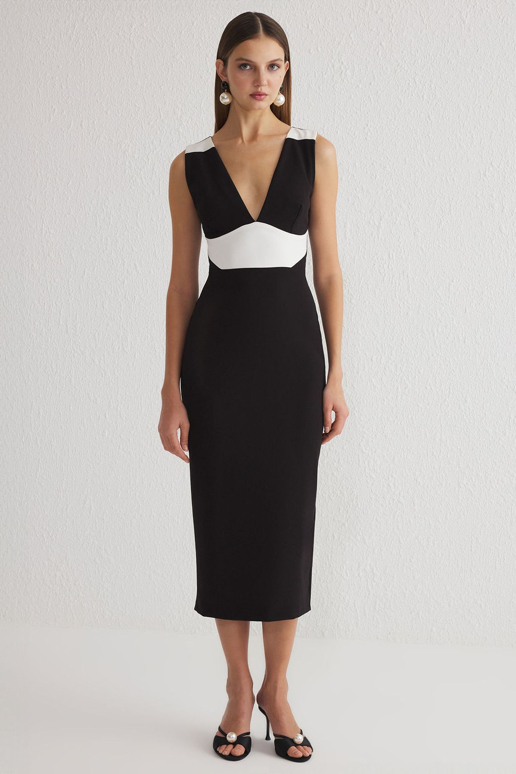 Siyah Beyaz V Yaka Dokuma Dugun/Nikah Uzun S?k Abiye Gece Mezuniyet Elbisesi TPRSS25EL00013