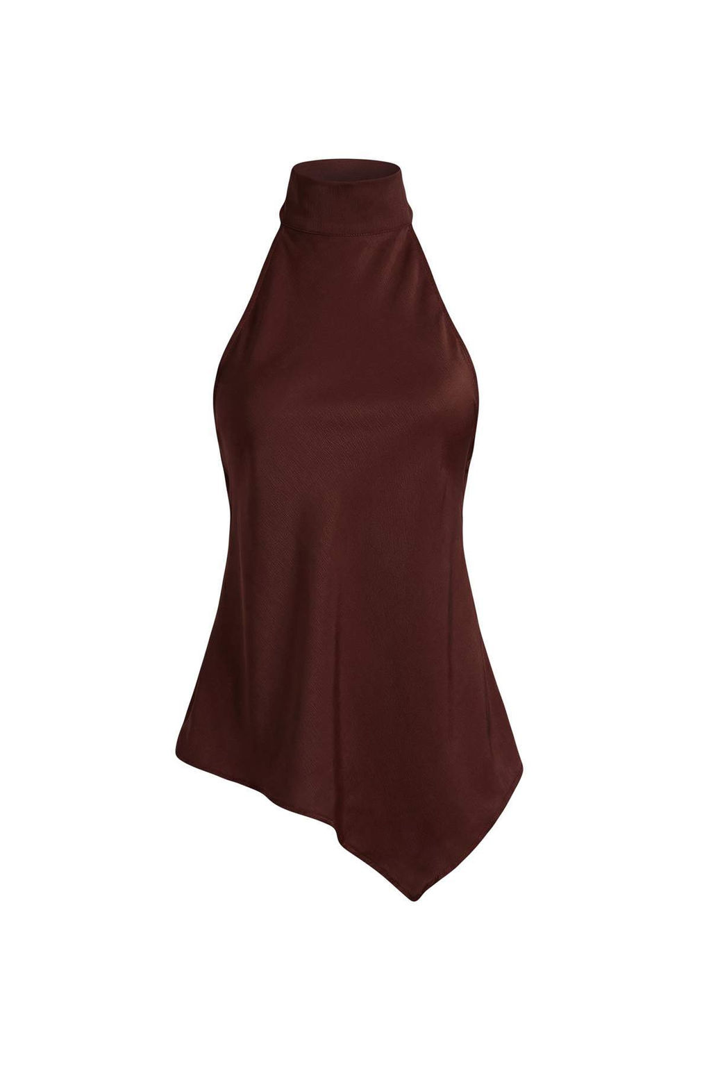 Kahverengi Asimetrik Kesim Halter Yaka Saten Bluz TPRSS26BZ00019