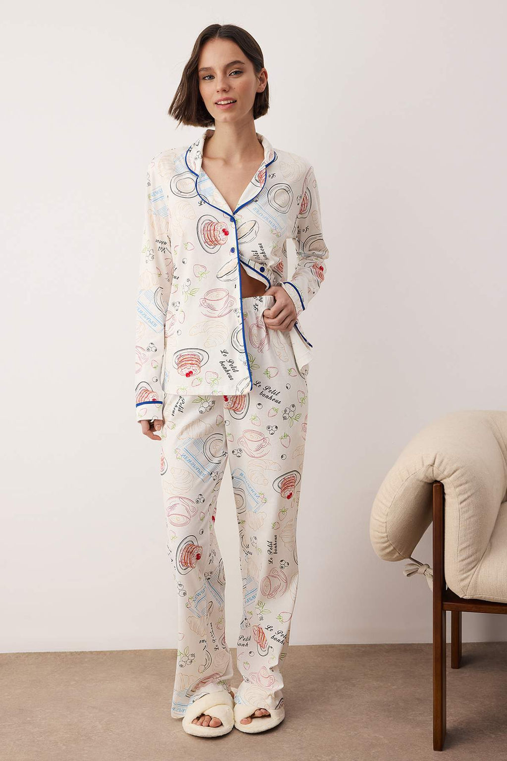 Ekru %100 Pamuk Eglenceli Bask?l? Biyeli Orme Pijama Tak?m? THMAW26PT00201 - Trendyolmilla фото 2