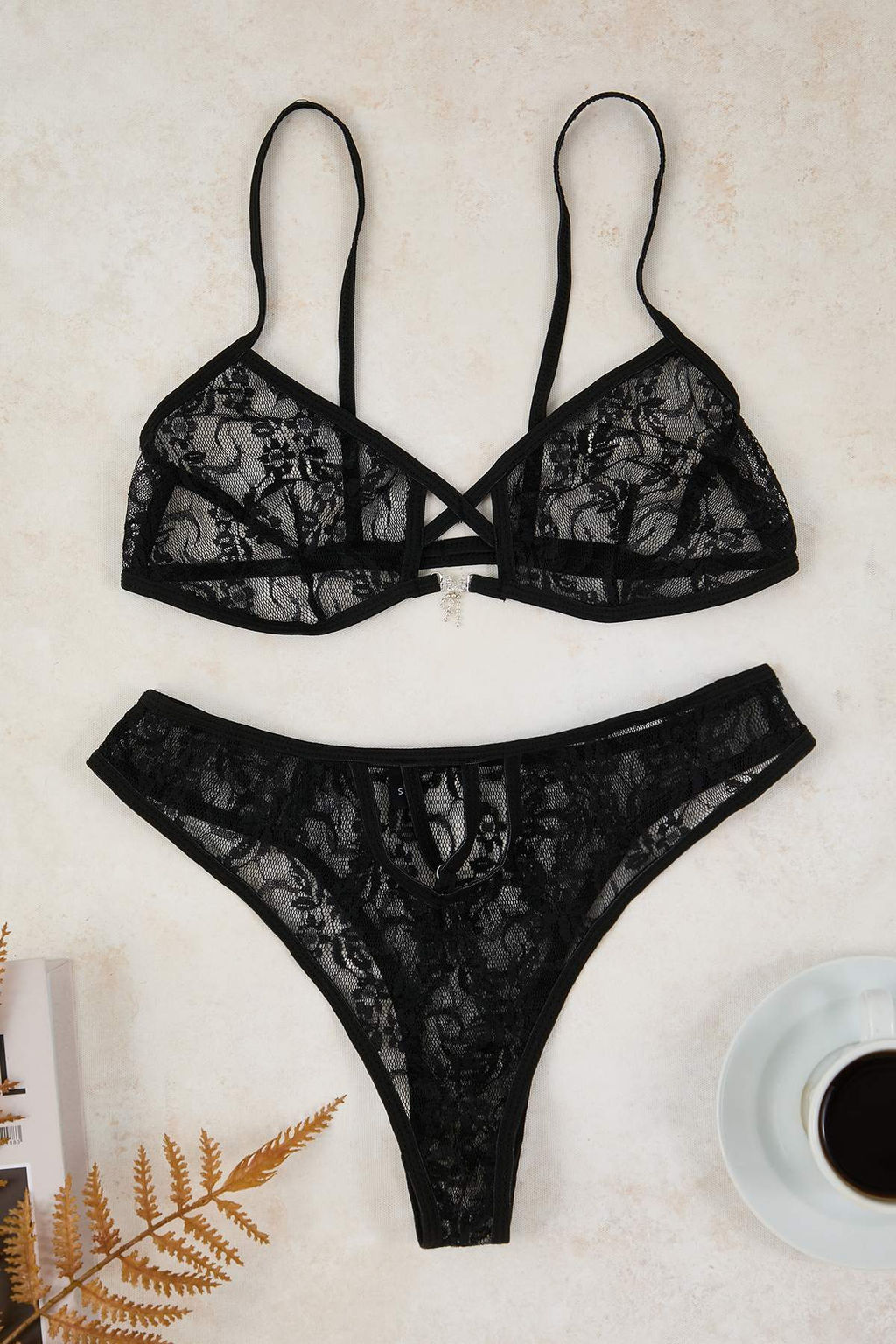 Siyah Dantel Duz Kaps?z Ic Camas?r? Tak?m? THMAW26CC00019 - Trendyolmilla фото 5