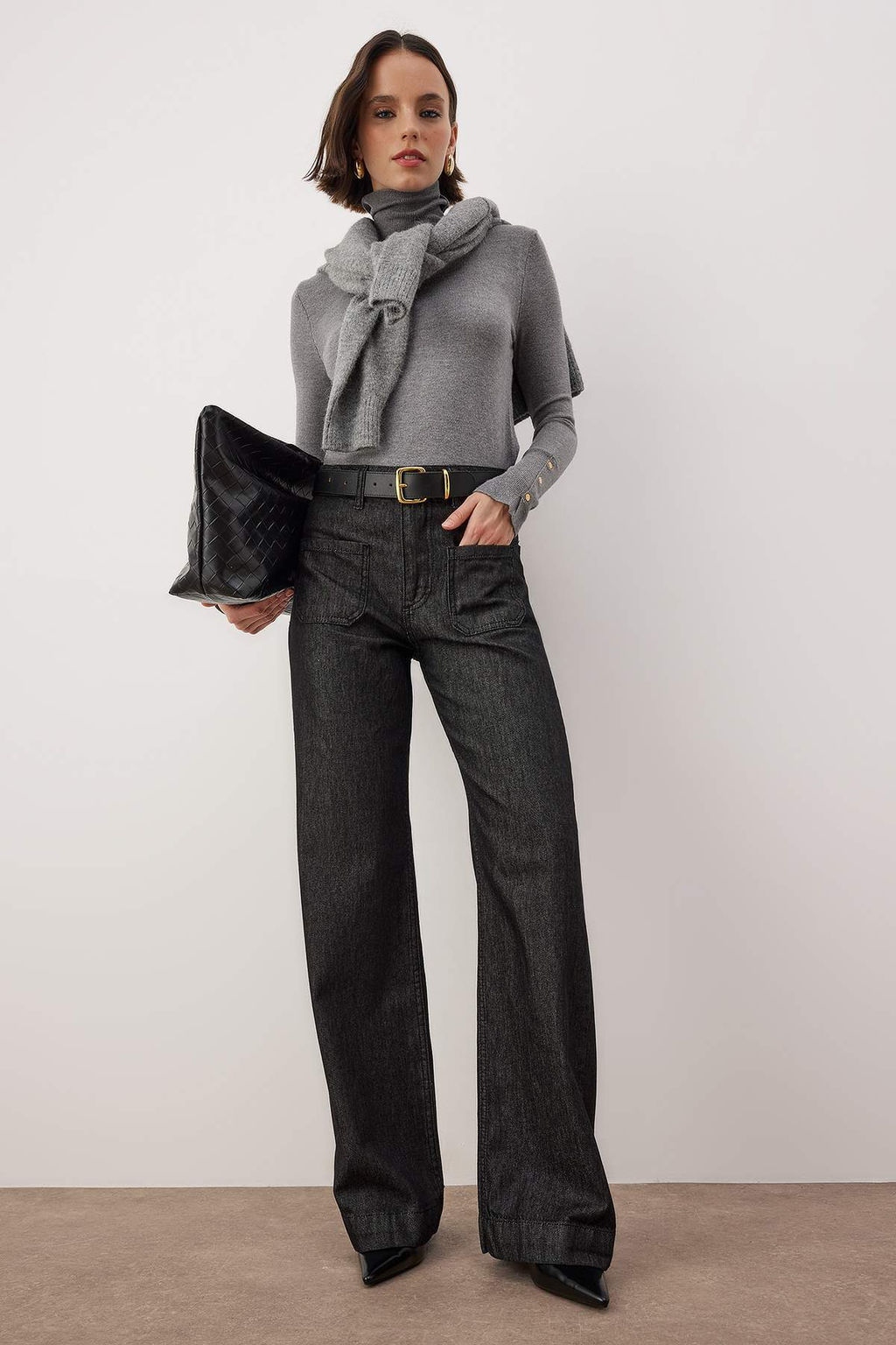 Siyah Yuksek Bel Cep Detayl? Raw Wide Leg Jeans TWOAW26JE00231