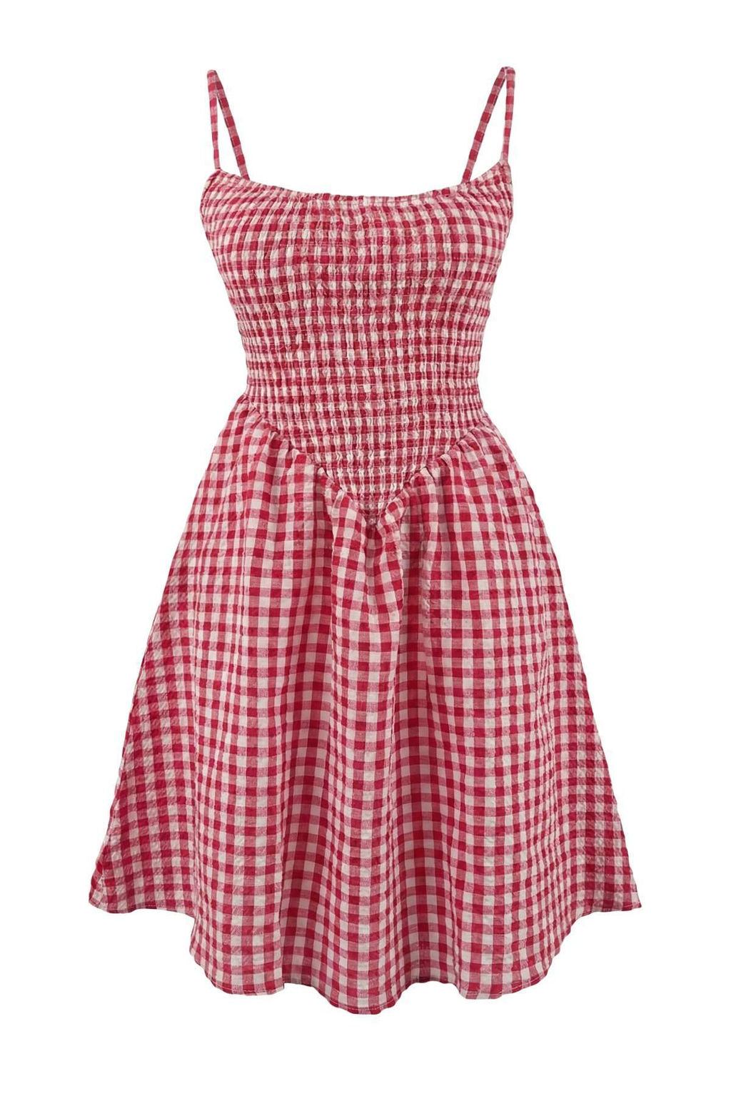 K?rm?z? Ekose Desenli Dokuma Gipeli Mini Plaj Elbisesi TBESS26EL00016