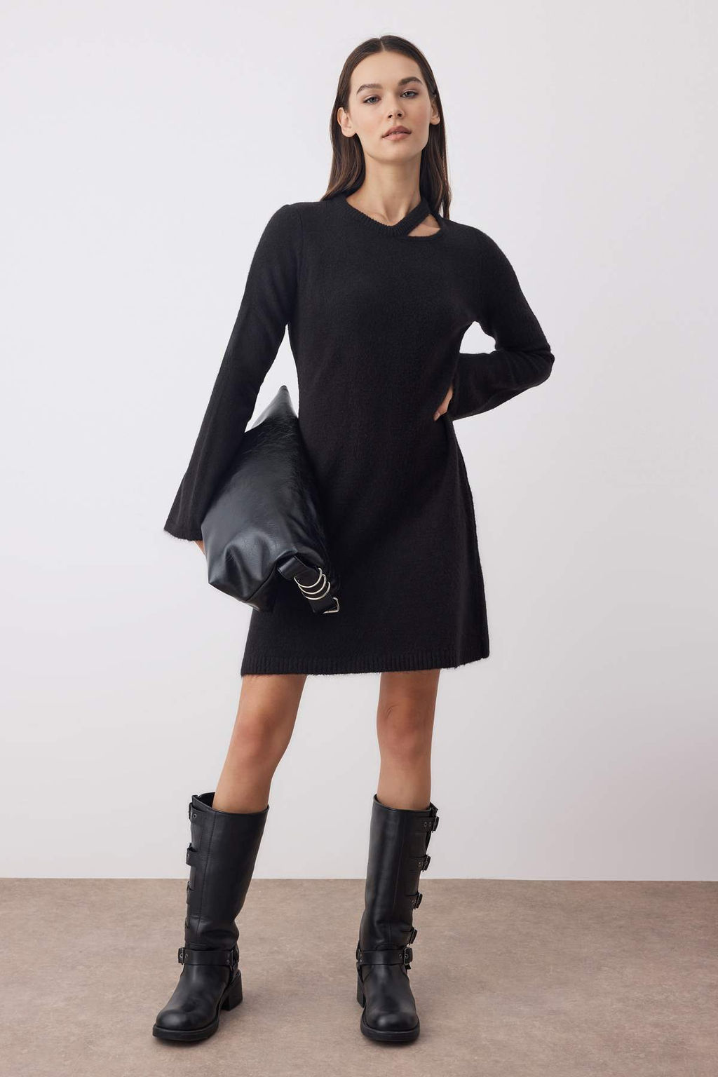 Siyah A-line Mini Triko Yunlu Basic Elbise TWOAW26EL00028