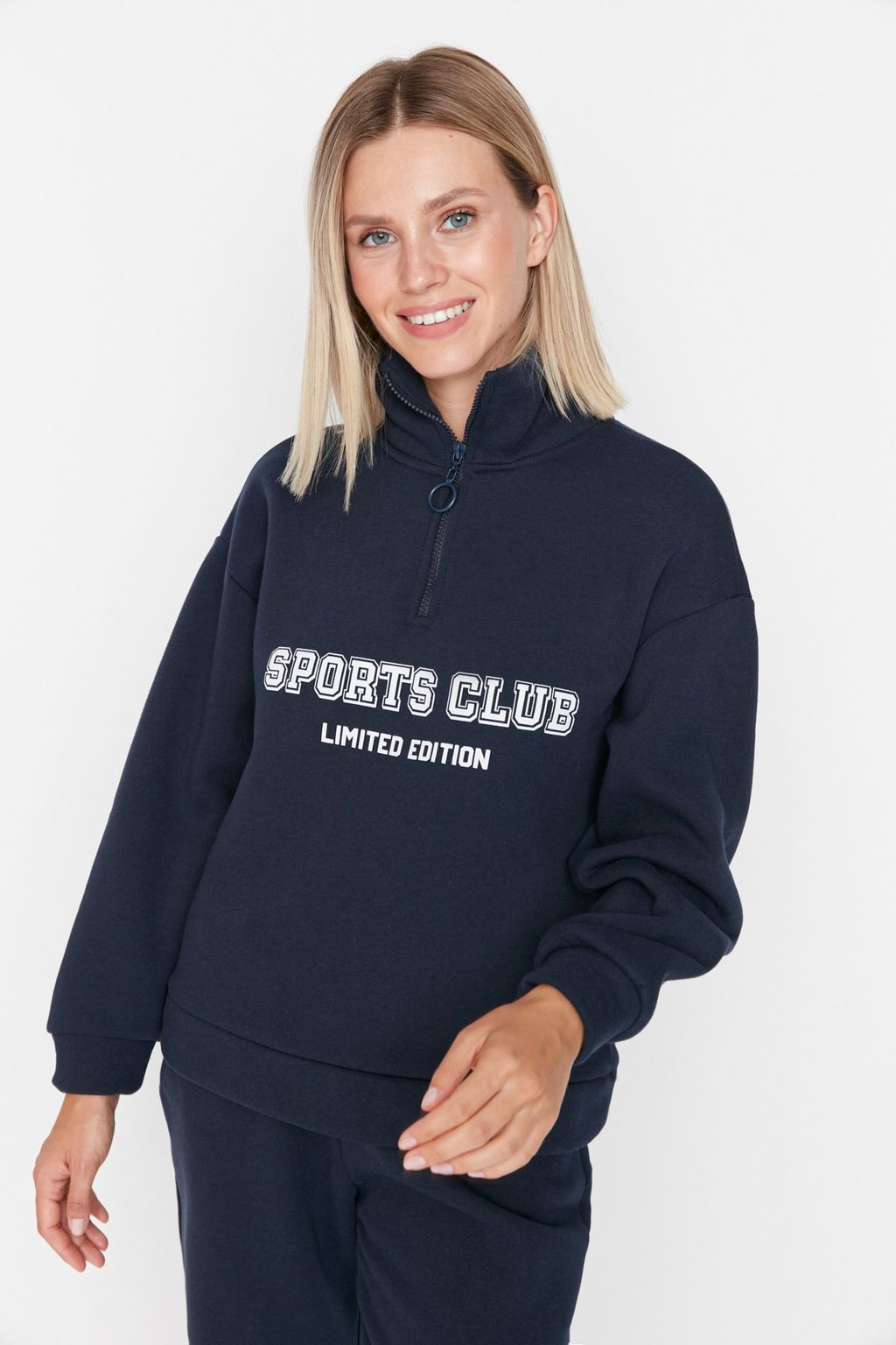 TRENDYOLMILLA Lacivert Regular/Normal Kal?p Sloganl? Fermuarl? Kal?n Ici Polarl? Sweatshirt TWOAW23SW00703  фото 4