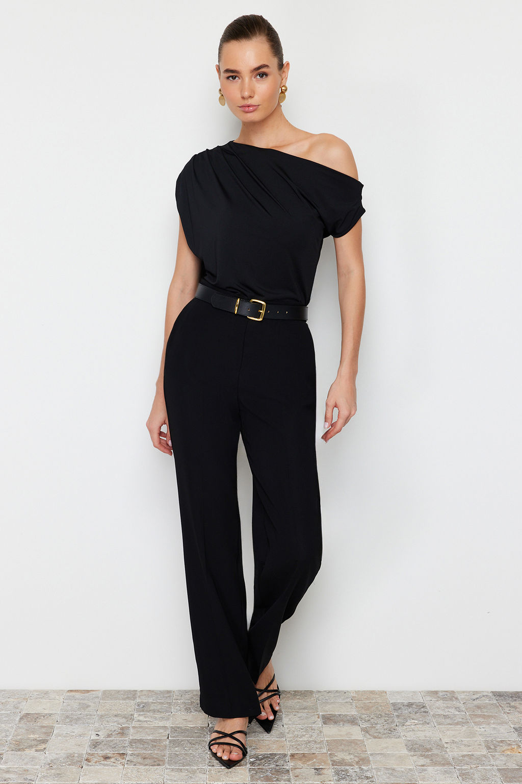 Siyah Regular/Normal Kal?p Asimetrik Yaka S?f?r Kol C?tc?tl? Esnek Orme Bluz TWOSS24BZ00396