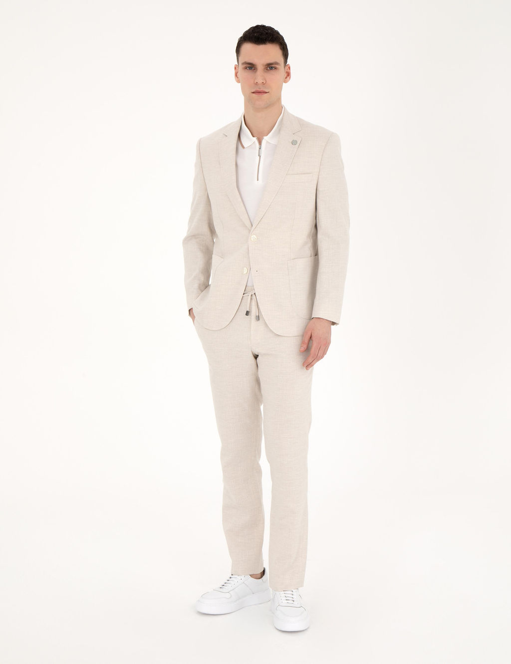 Bej Slim Fit Keten Kar___ml_ _izgili Tak_m Elbise