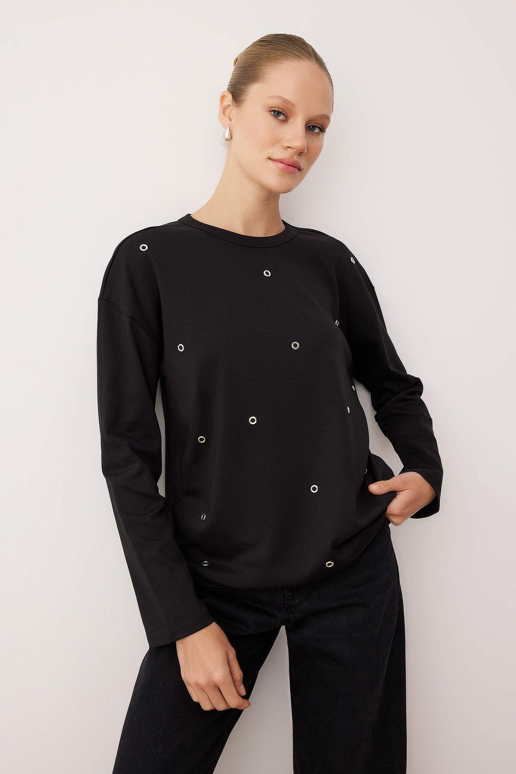 Siyah Soft Touch Kusgozu Detayl? Interlok Relaxed/Rahat Kesim Orme Bluz TWOAW26BZ00258