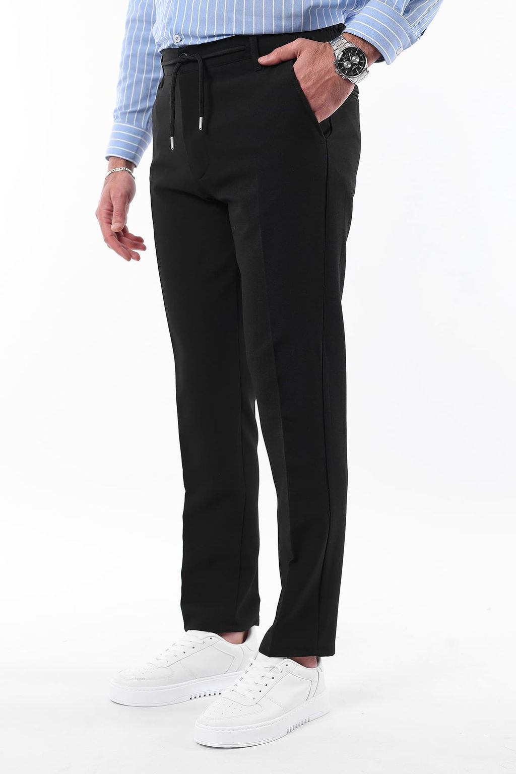 Siyah Slim Fit Beli Baglama Detayl? Lastikli Kumas Dokuma Pantolon TMNAW25PL00027