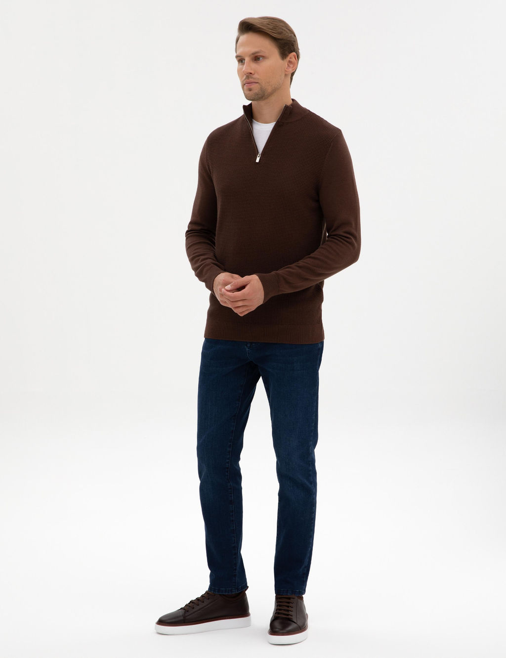 Kahverengi Slim Fit Dik Yaka Fermuarl_ Triko Kazak - Pierre cardin фото 4