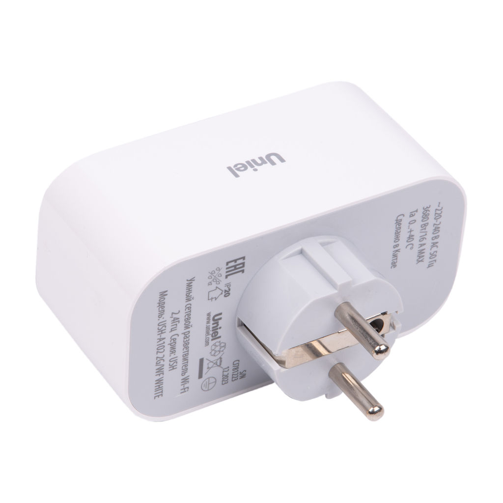 USH-A102 2G/WF WHITE Умный сетевой разветвитель Wi-Fi, 2 гнезда.16A. До 3680Вт. Голосовое управление+приложение UnielSmart. TM Uniel