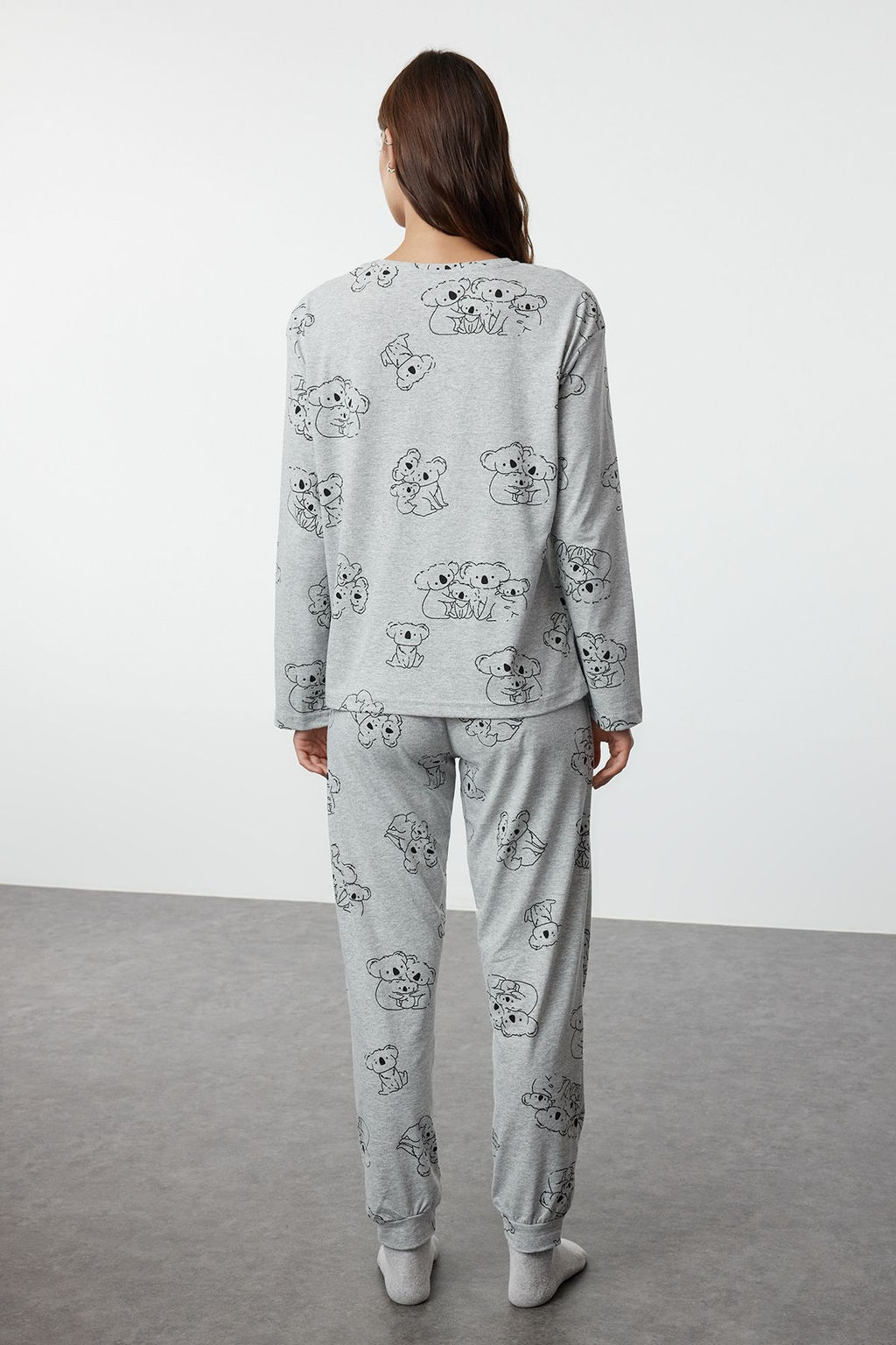 Trendyolmilla Gri Melanj Pamuklu Hayvan Desenli Orme Pijama Tak?m? THMAW25PT00020