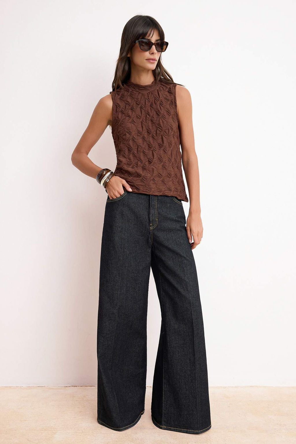 Kahverengi Dokulu Regular/Normal Kal?p Esnek Orme Bluz TWOSS25BZ00268