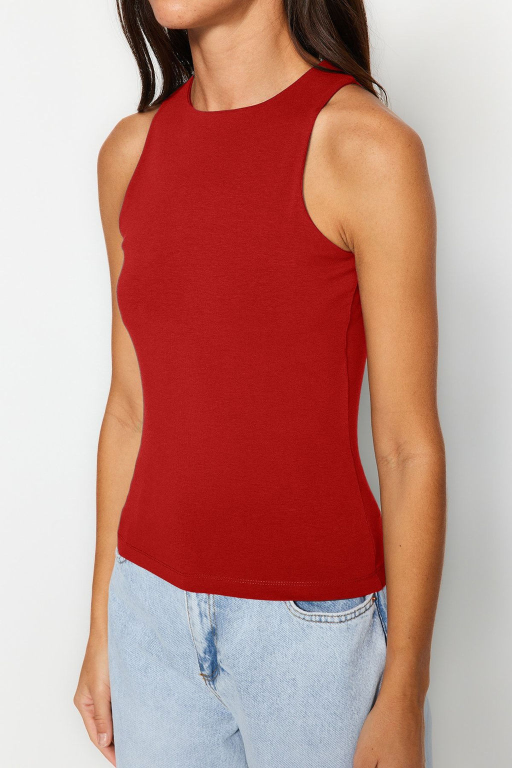 K?rm?z? Pamuklu Halter Yaka Fitted/Vucuda Oturan Esnek Orme Atlet TWOSS23AL00069