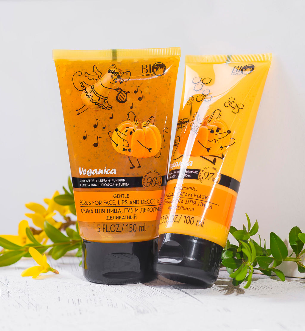 Bio World Veganica Скраб для лица,губ и декольте "Семена Чиа,Люффа,Тыква" 150мл