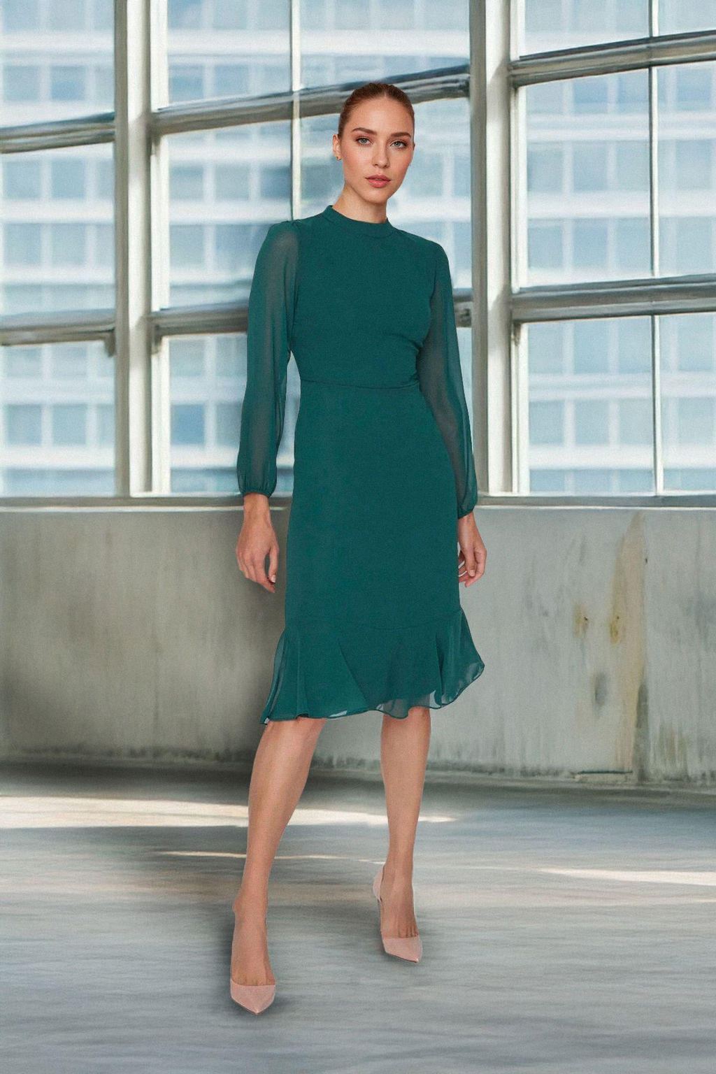 TRENDYOLMILLA Camel Dik Yakal? Etegi Volanl? Sifon Dokuma K?sl?k Elbise TWOAW20EL1313 фото 50